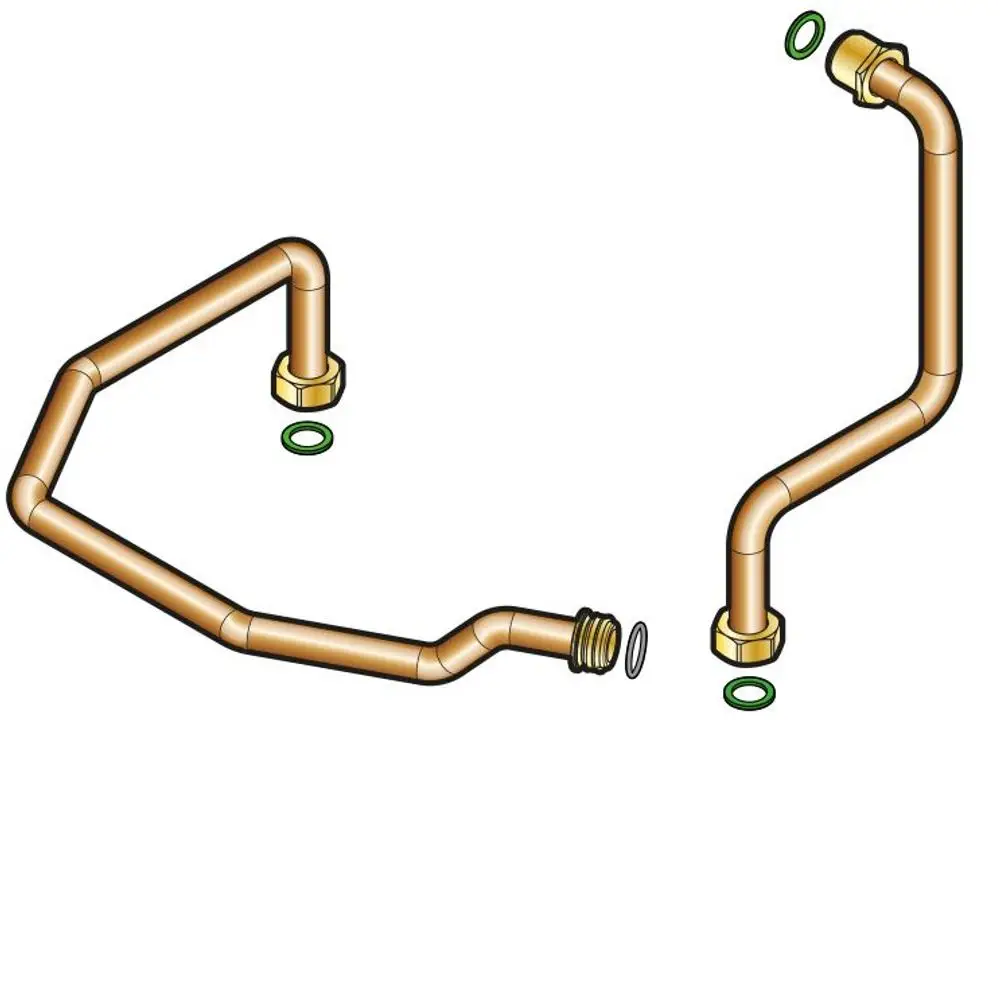 Verbindungsset aus Kupferrohren mit Fittings, verwendet für die Verbindung von Kessel und Speicher. Es gehört zur Produktlinie von Remeha.